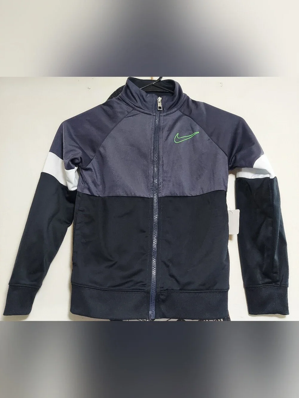 Nike Kids Black, Gray & White Colorblock Zip-Up Jacket with Green Swoosh